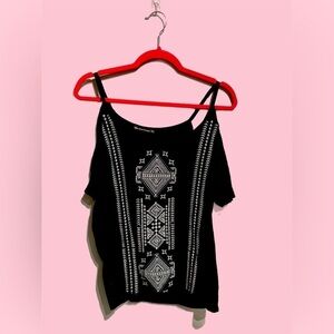 MiRAY Fashion cold shoulder  black top with white embroidery